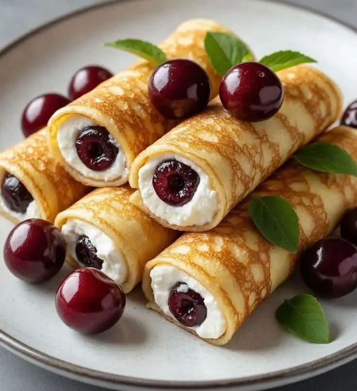 Gerollte Crêpes mit Creme und Kirschen