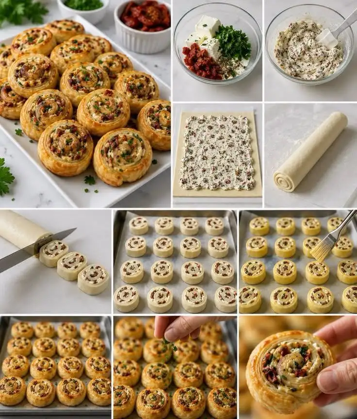 Blätterteig-Schnecken mit getrockneten Tomaten und Frischkäse