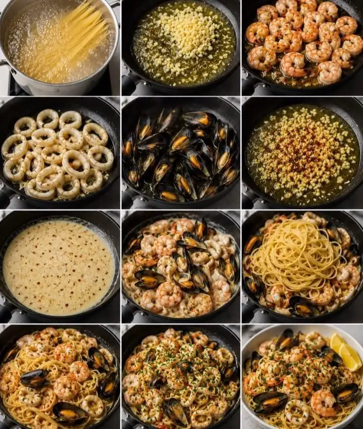 Meeresfrüchte-Spaghetti in cremiger Knoblauchsauce