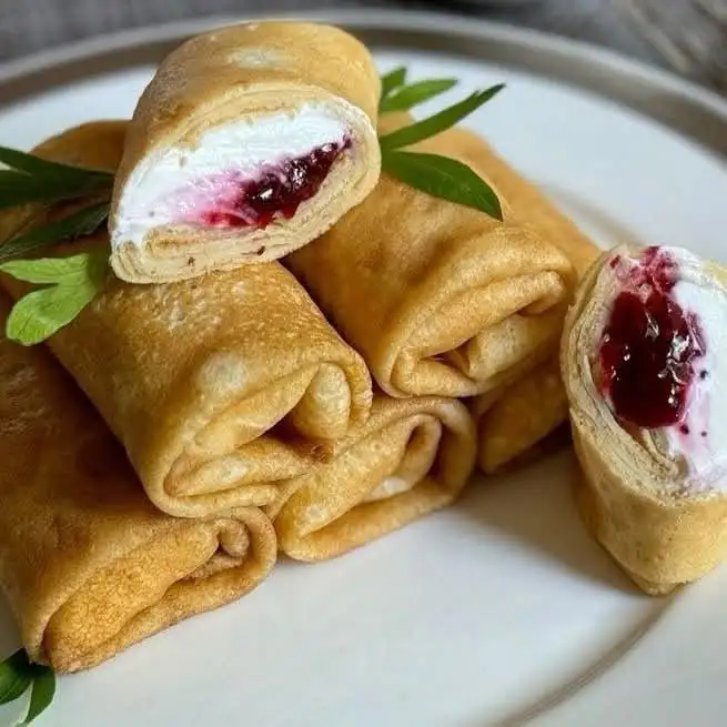 Gerollte Crêpes mit Frischkäse und Marmelade