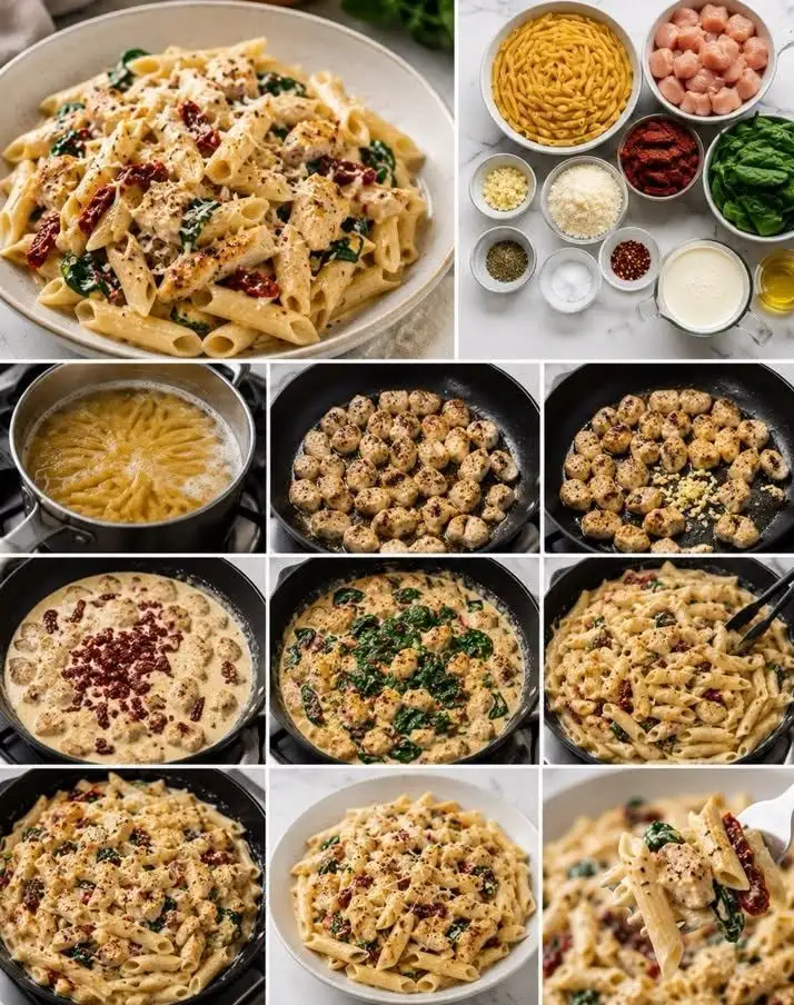 Cremige Pasta mit Hähnchen, Spinat und getrockneten Tomaten