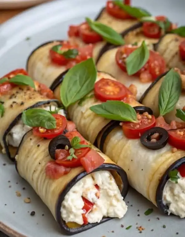 Gefüllte Auberginenröllchen mit Frischkäse