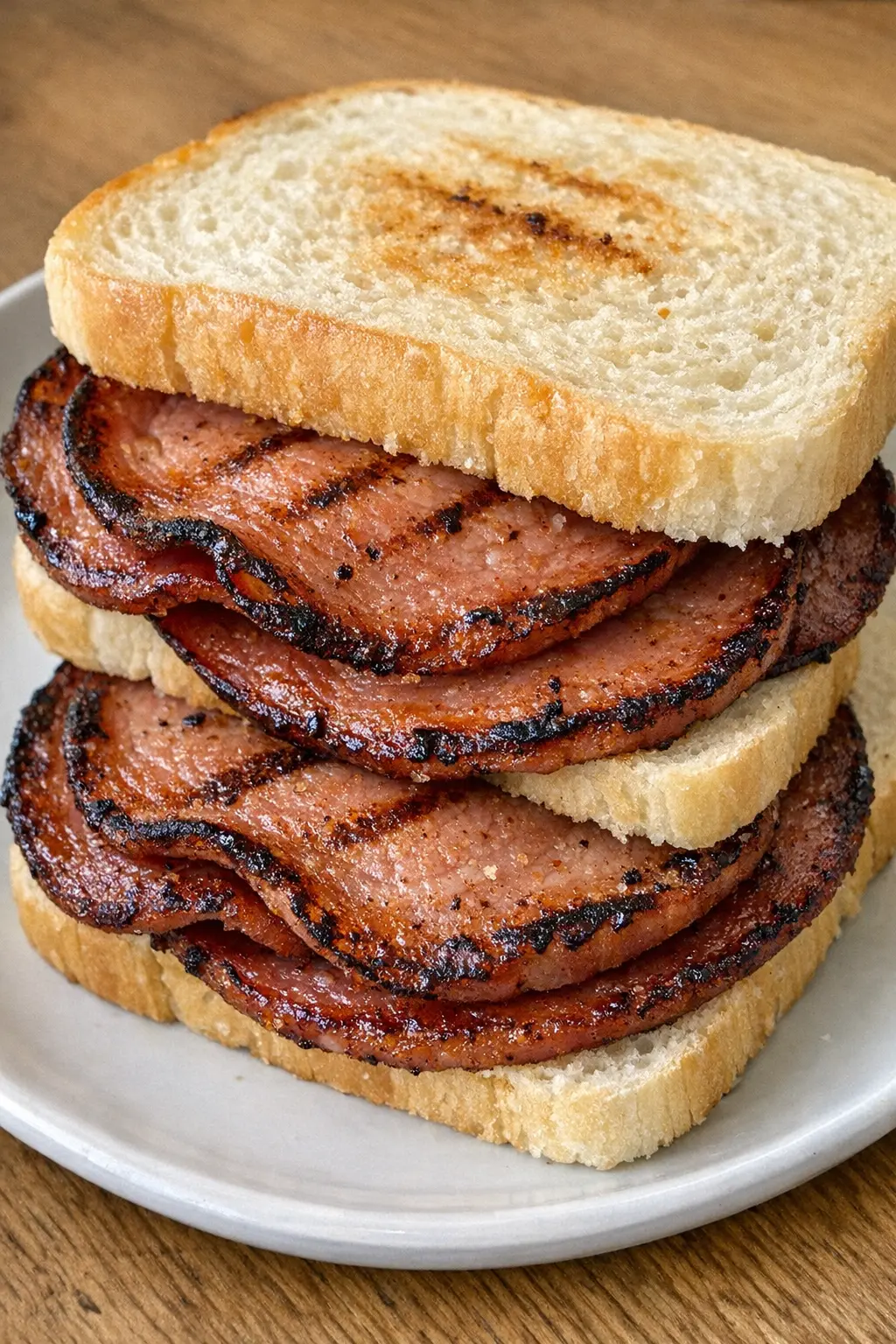 3-Zutaten Bologna-Sandwich mit knusprig gebratener Wurst auf weichem Weißbrot und weißem Keramikteller