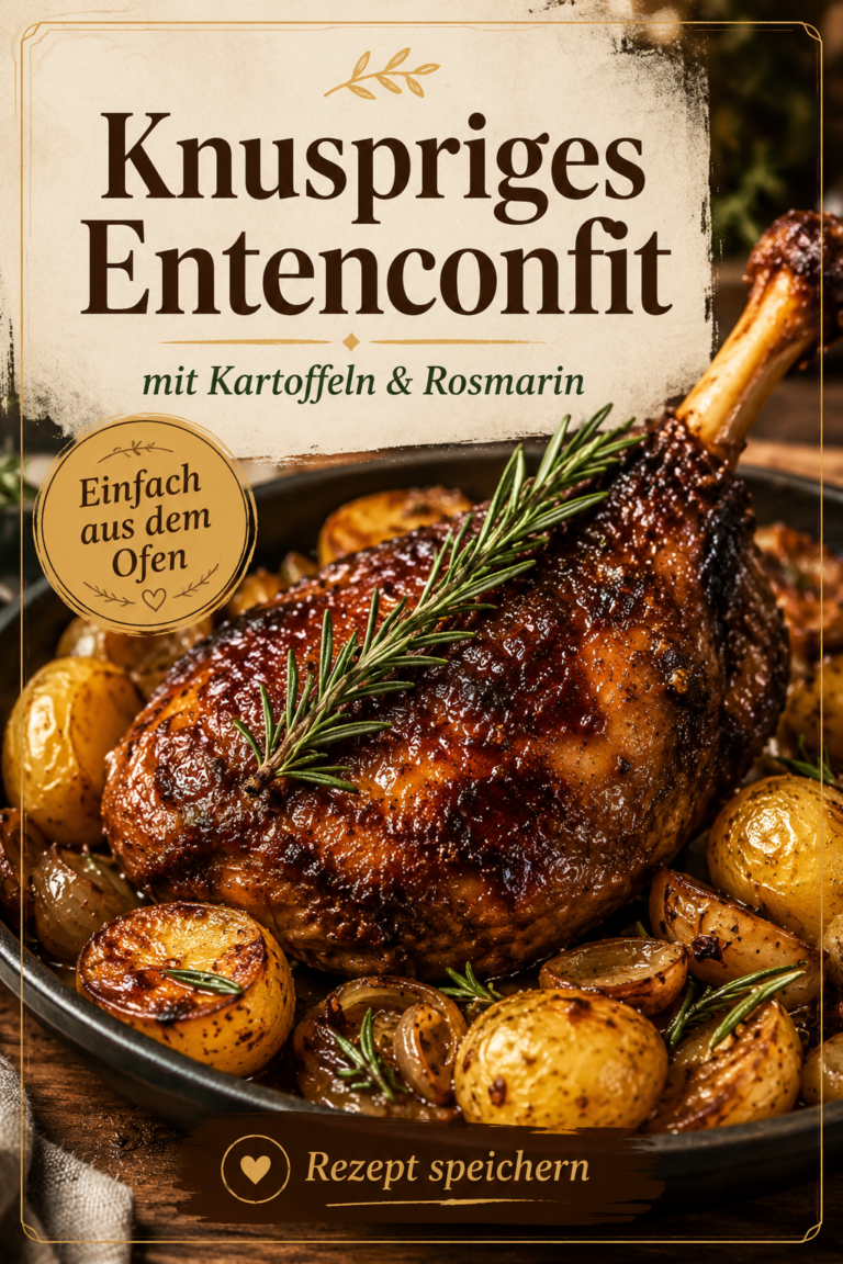 Knuspriges Entenconfit mit Ofenkartoffeln, Zwiebeln, Knoblauch und frischem Rosmarin in einer rustikalen Auflaufform