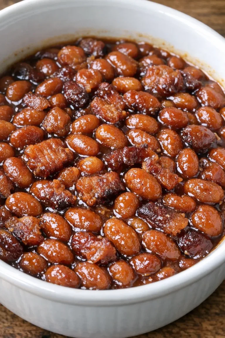 4-Zutaten Baked Beans mit Bacon und rauchiger BBQ-Sauce in einer weißen Servierschüssel