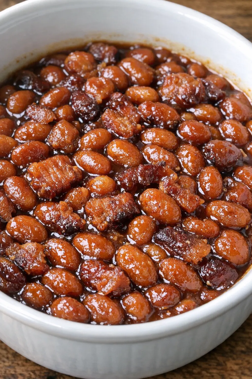 4-Zutaten Baked Beans mit Bacon und rauchiger BBQ-Sauce in einer weißen Servierschüssel