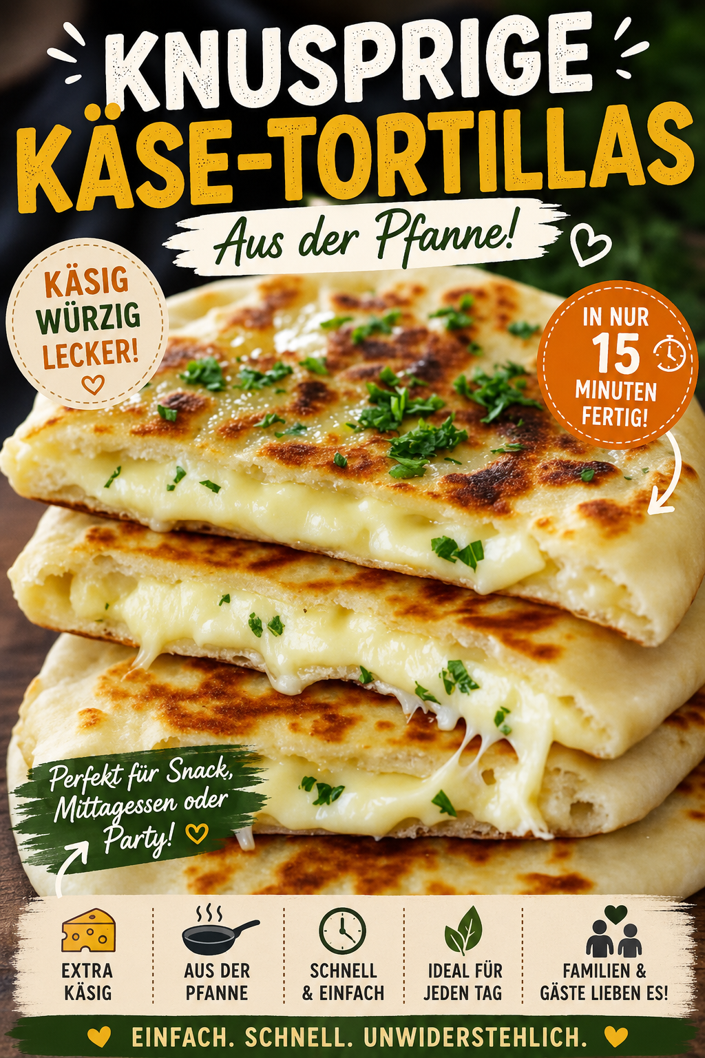 Goldbraune gegrillte Käse-Tortillas aus der Pfanne mit geschmolzenem Mozzarella, Emmentaler und frischer Petersilie