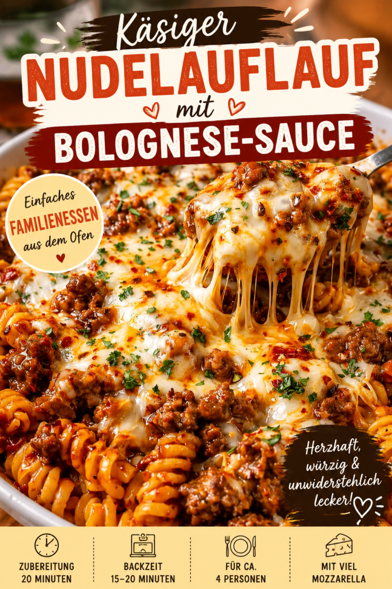 Goldbrauner Nudelauflauf mit Bolognese-Sauce, Fusilli, Hackfleisch und geschmolzenem Mozzarella