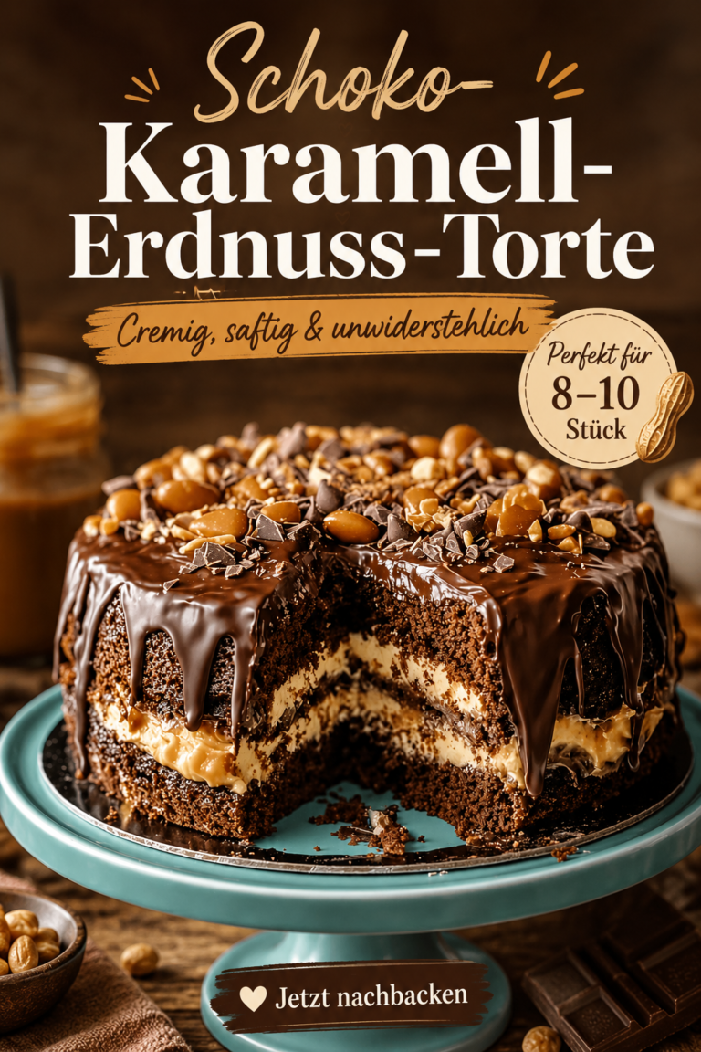 Schoko-Karamell-Erdnuss-Torte mit vier Schokoladenböden, cremiger Mascarponefüllung, Ganache und karamellisierten Erdnüssen