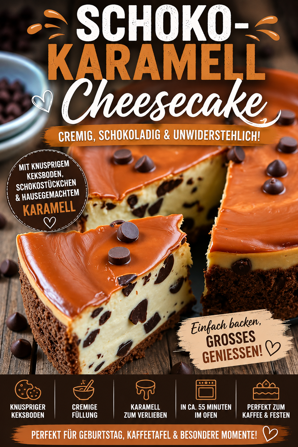 Cremiger Schoko-Karamell-Cheesecake mit Schokoladenkeksboden, Karamellsoße und Schokostückchen