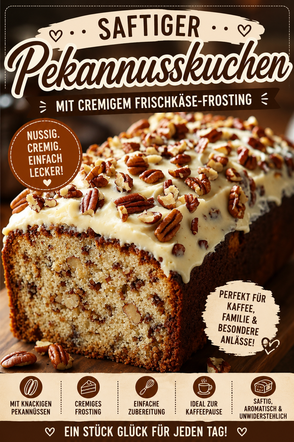 Saftiger Pekannusskuchen mit Frosting aus Frischkäse und dekorativen Pekannüssen