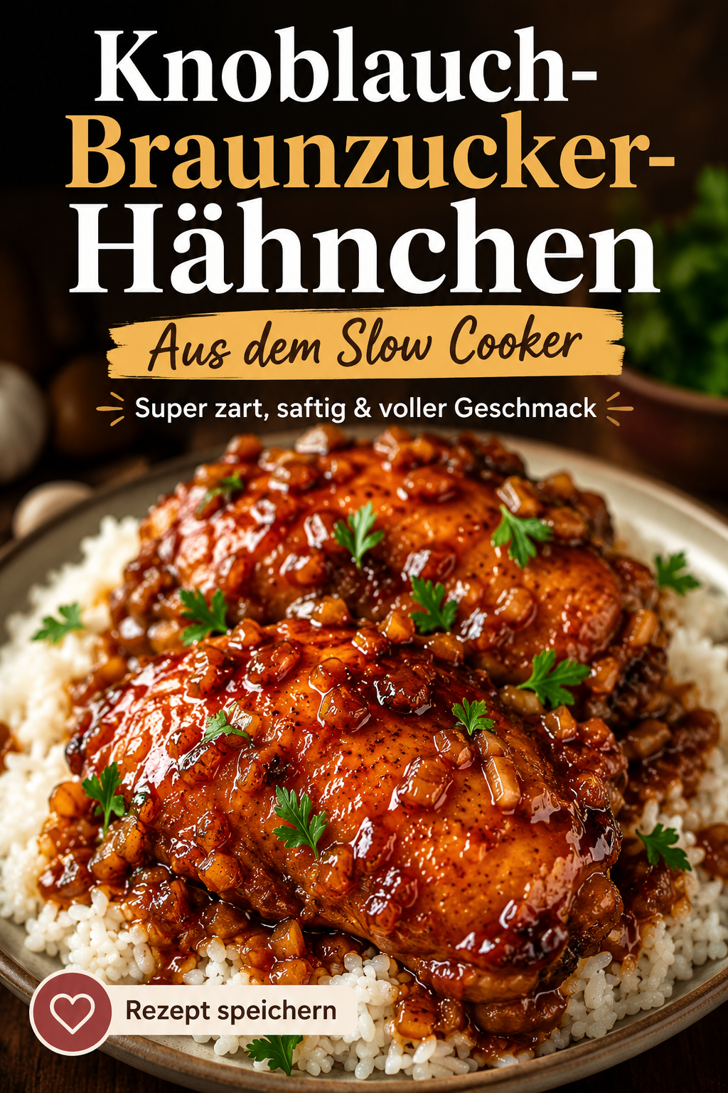 Zartes Slow-Cooker-Knoblauch-Braunzucker-Hähnchen in einer glänzenden süß-würzigen Sojasauce