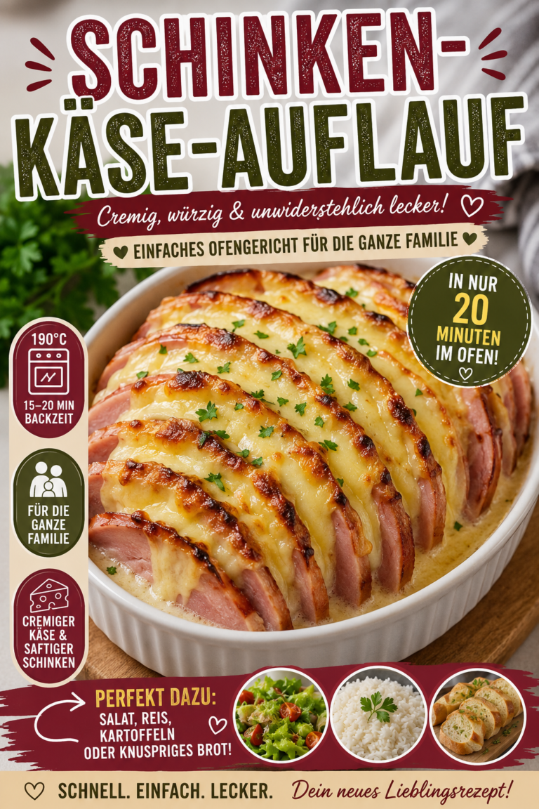 Cremiger Schinken-Käse-Auflauf mit Kochschinken, geschmolzenem Käse und würziger Senf-Sahne-Sauce