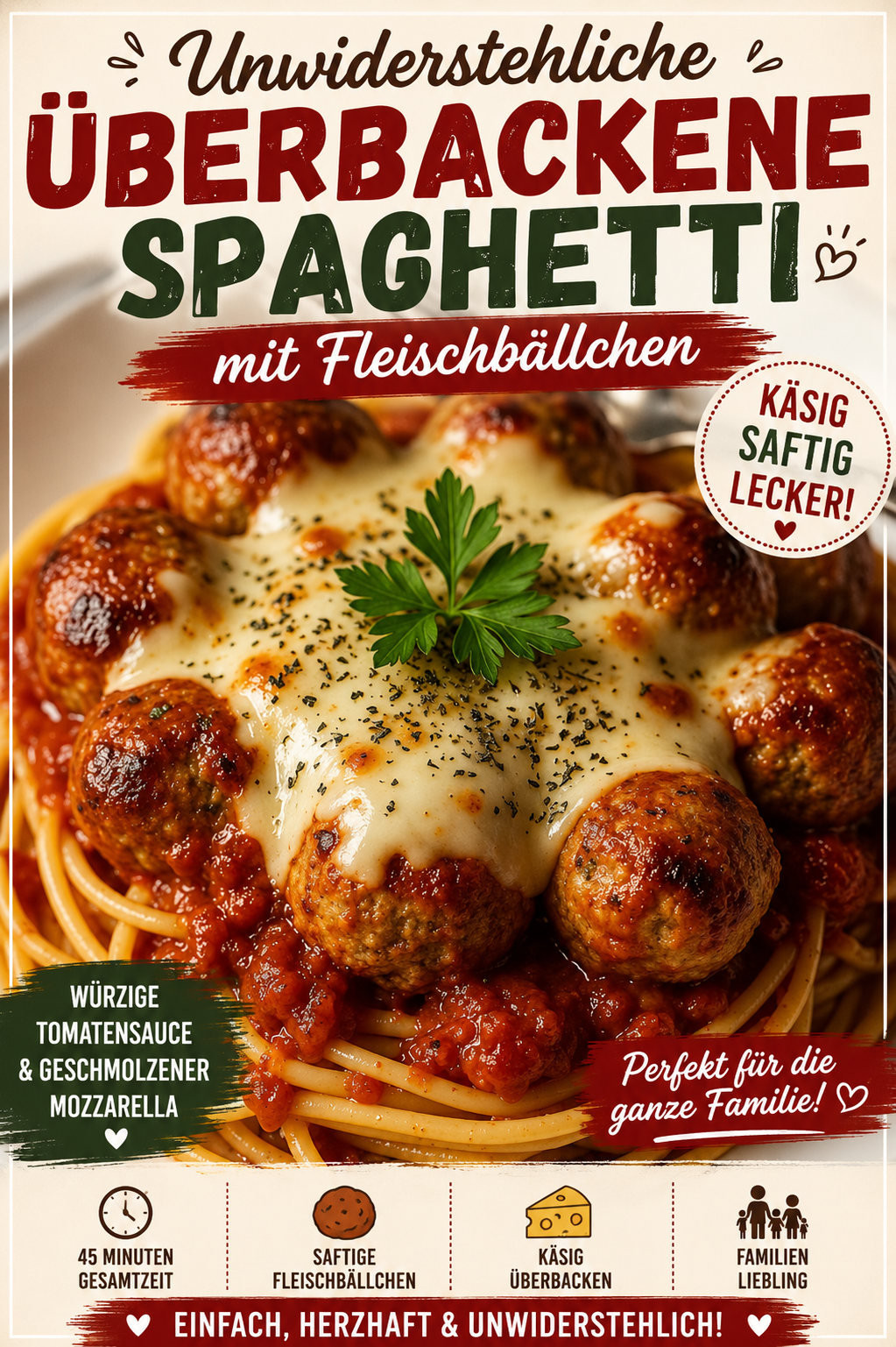 Überbackene Spaghetti mit Fleischbällchen, würziger Tomatensauce und goldbraun geschmolzenem Mozzarella
