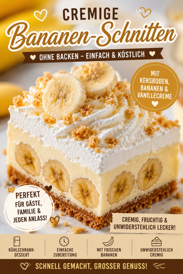 Cremige Bananen-Creme-Schnitten ohne Backen mit Keksboden, Bananenscheiben und knusprigen Keksbröseln