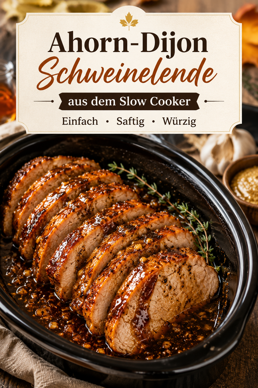 Slow-Cooker-Putenbraten mit Ahornsirup und Dijon, in Scheiben geschnitten und mit glänzender süß-würziger Sauce serviert
