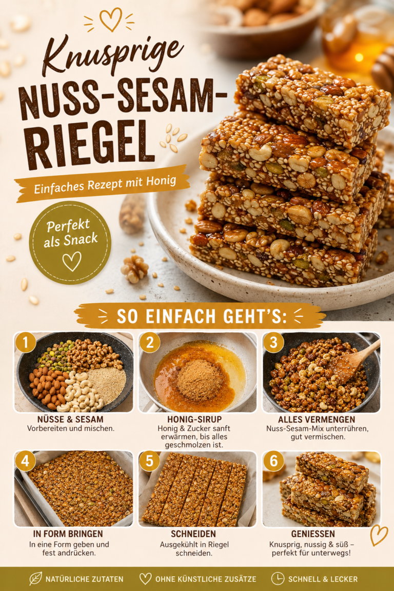 Knusprige Nuss-Sesam-Riegel mit Honig, Mandeln, Cashewkernen, Walnüssen, Pistazien und geröstetem Sesam