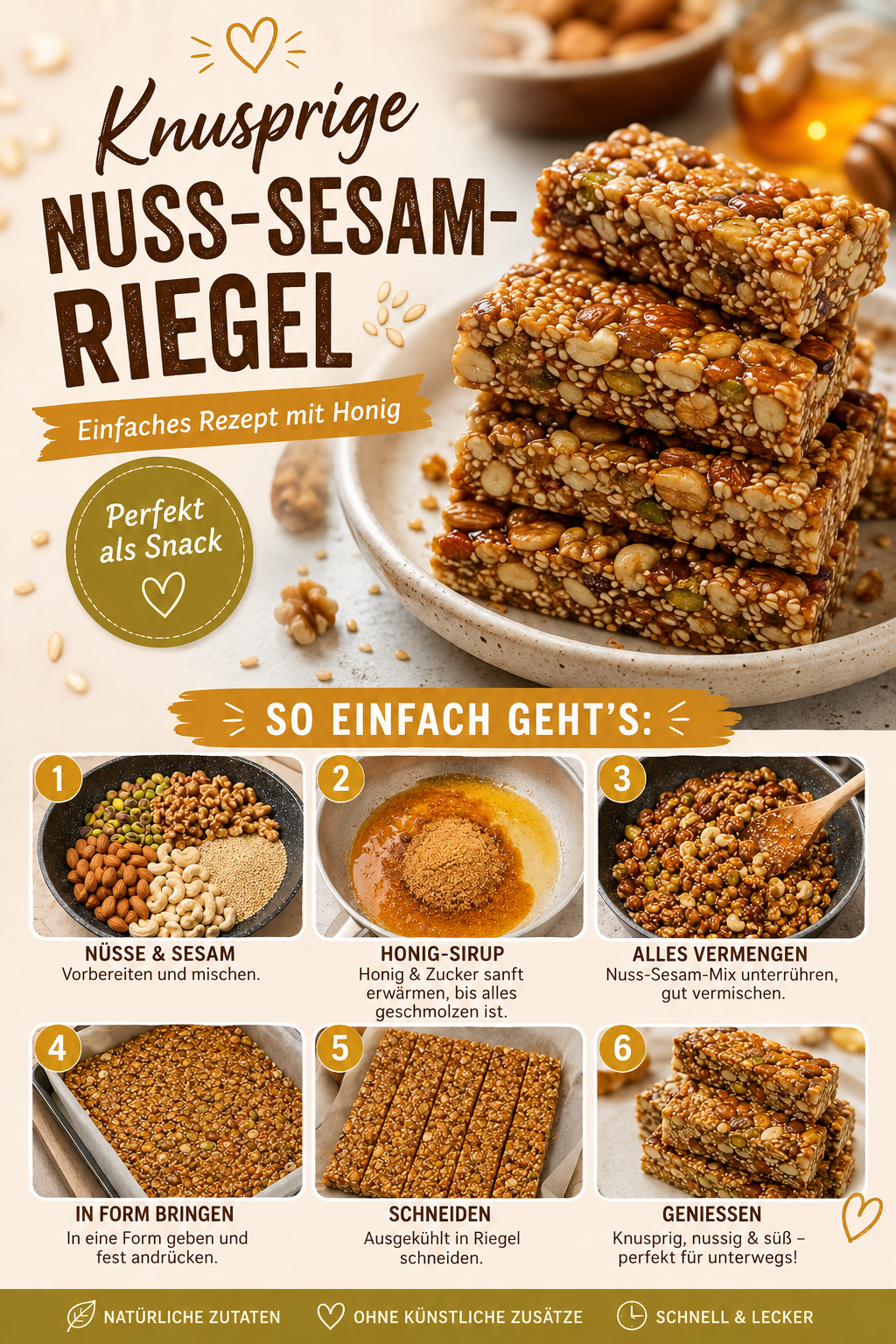 Knusprige Nuss-Sesam-Riegel mit Honig, Mandeln, Cashewkernen, Walnüssen, Pistazien und geröstetem Sesam