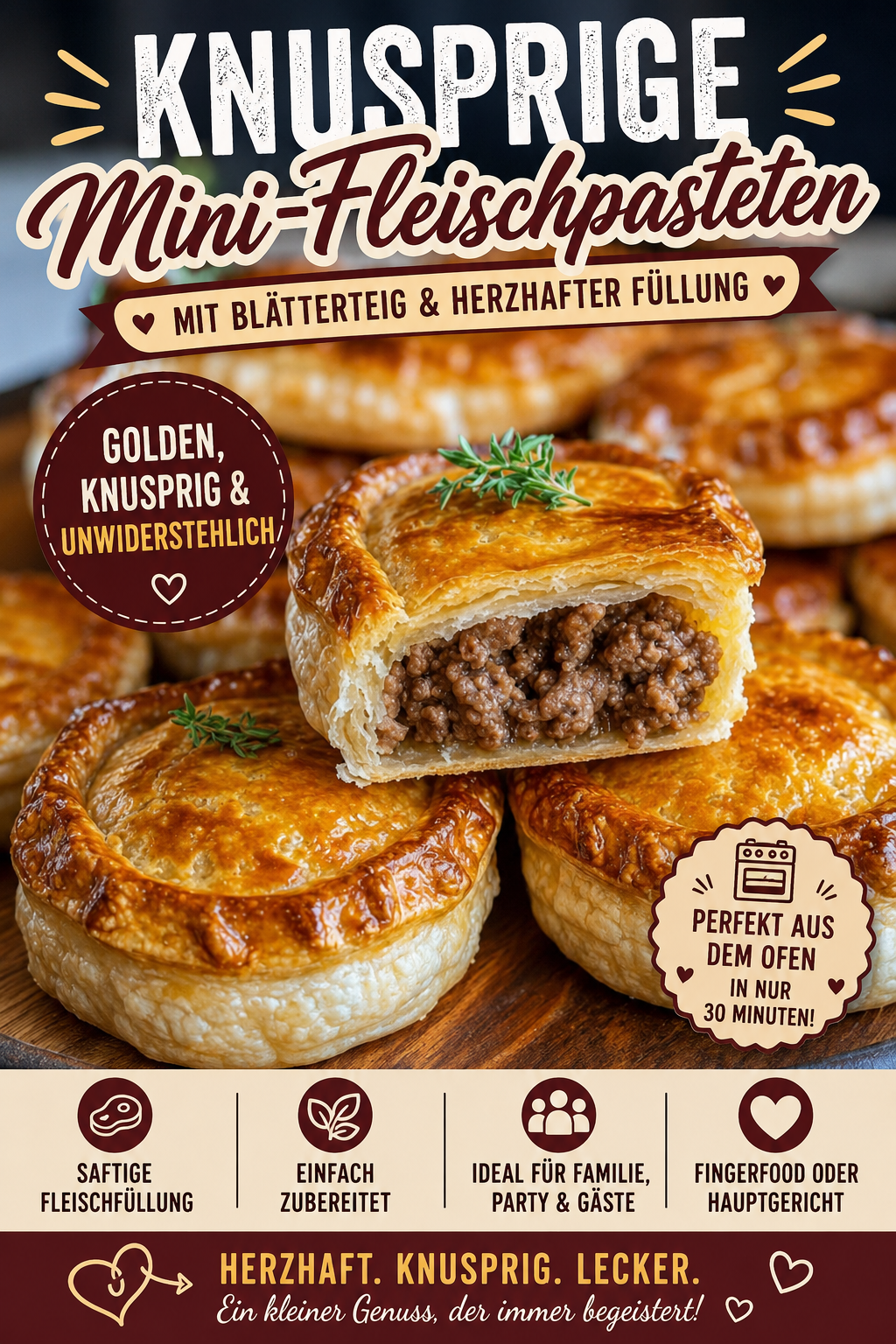 Goldbraune Mini-Fleischpasteten mit Blätterteig und saftiger Rinderhackfleischfüllung