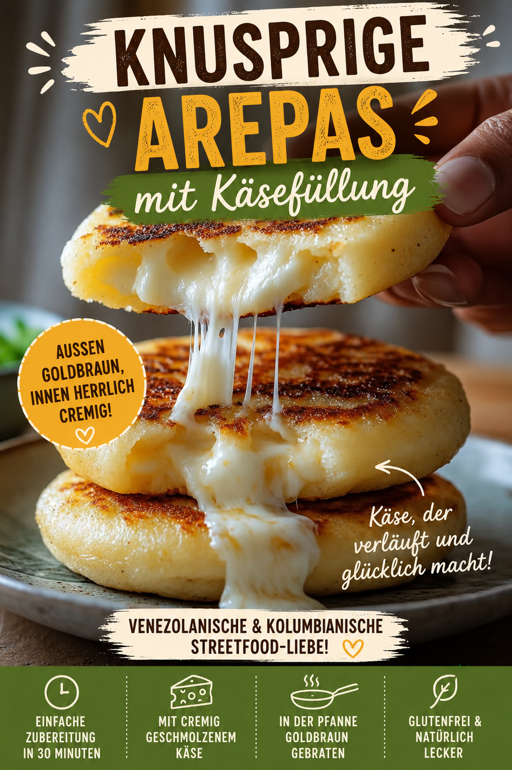 Goldbraune Arepas mit Käsefüllung und cremig geschmolzenem Mozzarella aus der Pfanne