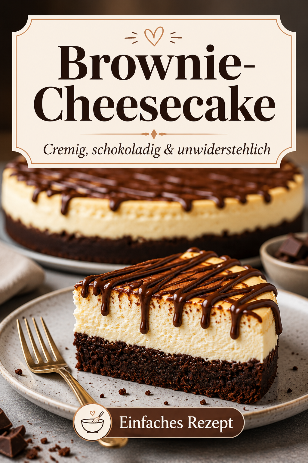 Schokoladen-Brownie-Cheesecake mit saftigem Brownieboden, cremiger Frischkäsefüllung und glänzender Schokoladenganache