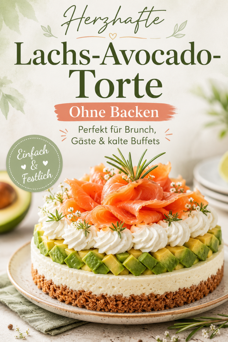 Herzhafte Lachs-Avocado-Torte ohne Backen mit Crackerboden, Zitronen-Frischkäsecreme, Avocadowürfeln und Räucherlachs