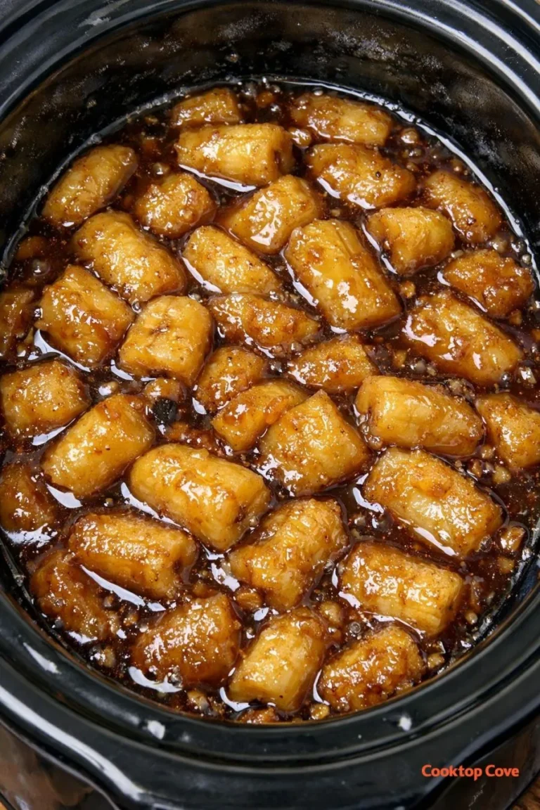 Slow Cooker Bananen Foster mit karamellisierten Bananen und warmer Sauce über Vanilleeis serviert