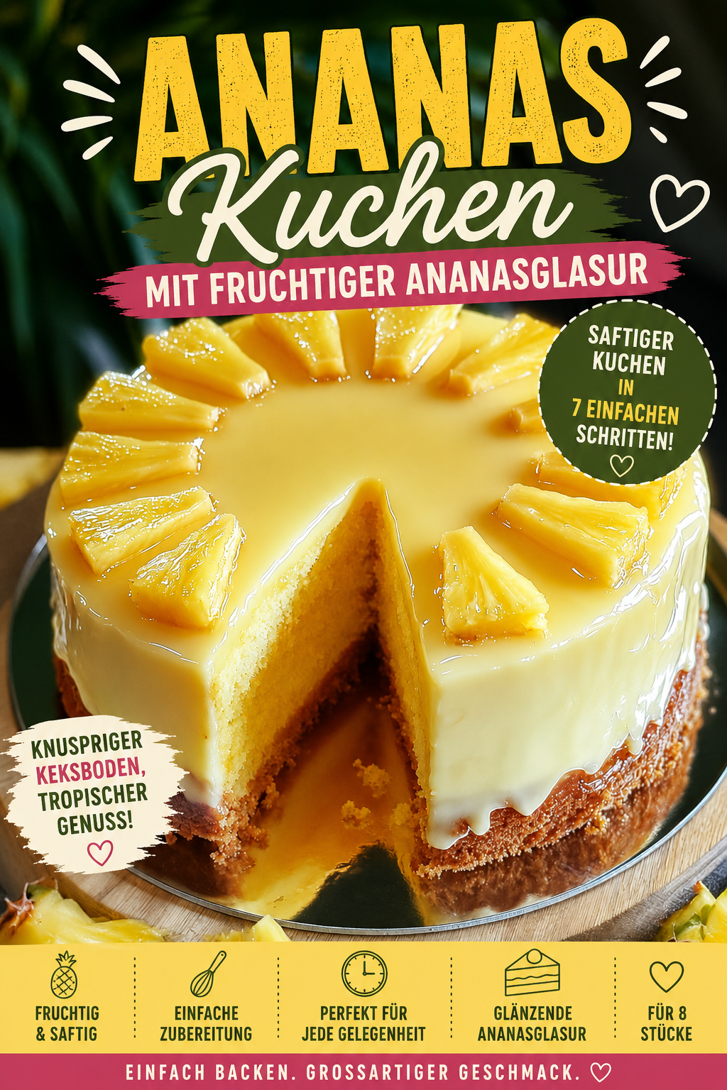 Saftiger Ananaskuchen mit Ananasglasur, Spekulatiusboden und dekorativen Ananasringen
