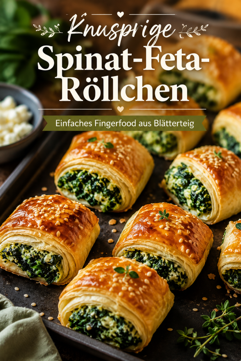 Goldbraune Blätterteig-Spinat-Röllchen mit Feta und Sesam auf einem Servierteller
