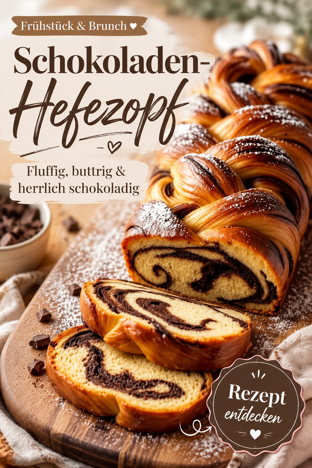 Goldbrauner Schokoladen-Hefezopf mit sichtbaren Schokoladenschichten und feinem Puderzucker