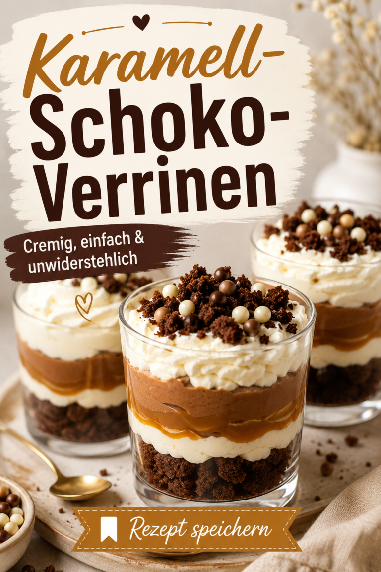 Cremiges Karamell-Schoko-Dessert im Glas mit Browniekrümeln, Bananen, Vanillesahne und Karamellsauce