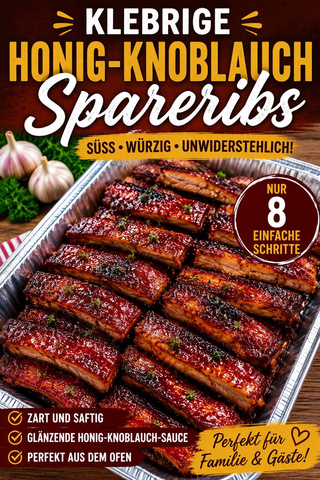 Glänzende Honig-Knoblauch-Spareribs mit süß-würziger Honig-Soja-Glasur aus dem Backofen