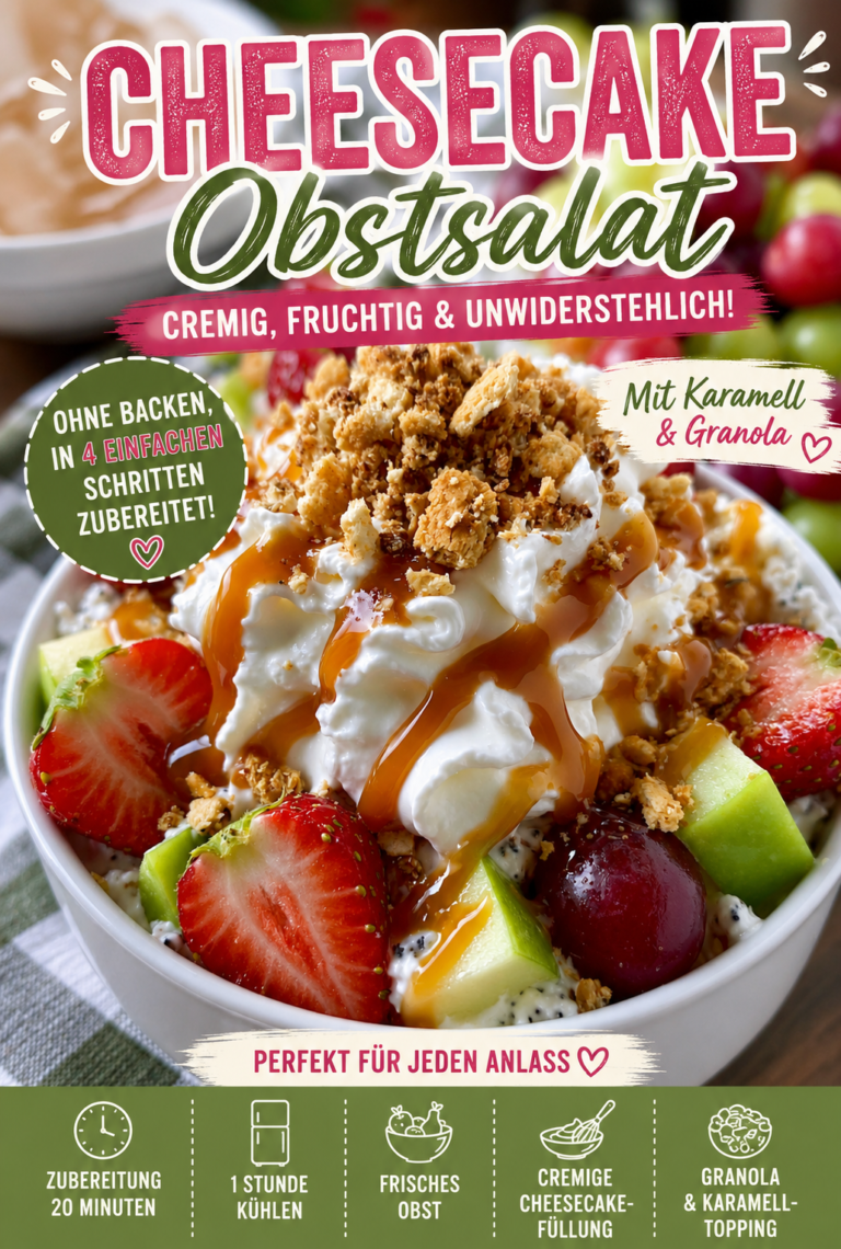 Cremiger Cheesecake-Obstsalat ohne Backen mit Erdbeeren, grünen Äpfeln, Trauben, Granola und Karamellsauce
