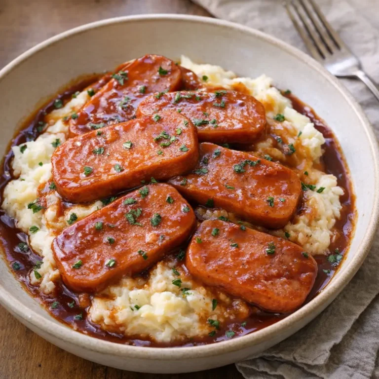 Slow Cooker Frühstücksfleisch Rezept mit BBQ-Sauce, serviert auf cremigem Kartoffelpüree