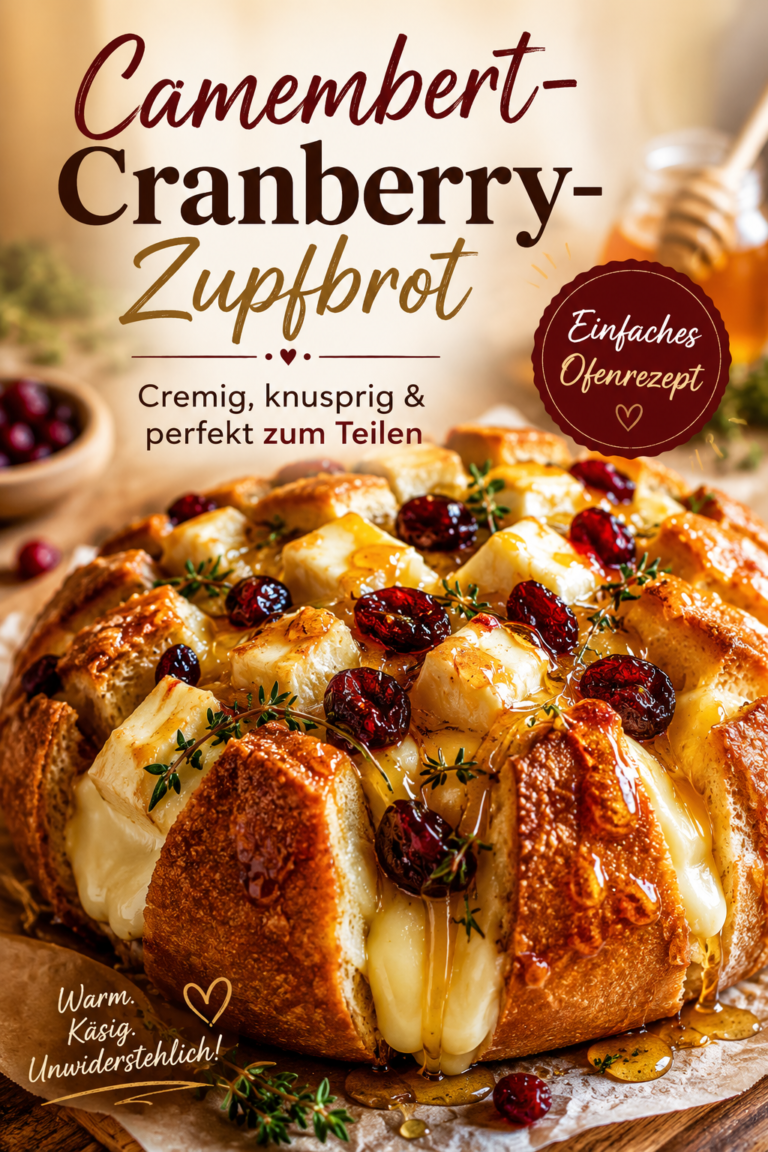 Gefülltes Camembert-Cranberry-Zupfbrot mit geschmolzenem Käse, Honig, Thymian und getrockneten Cranberries