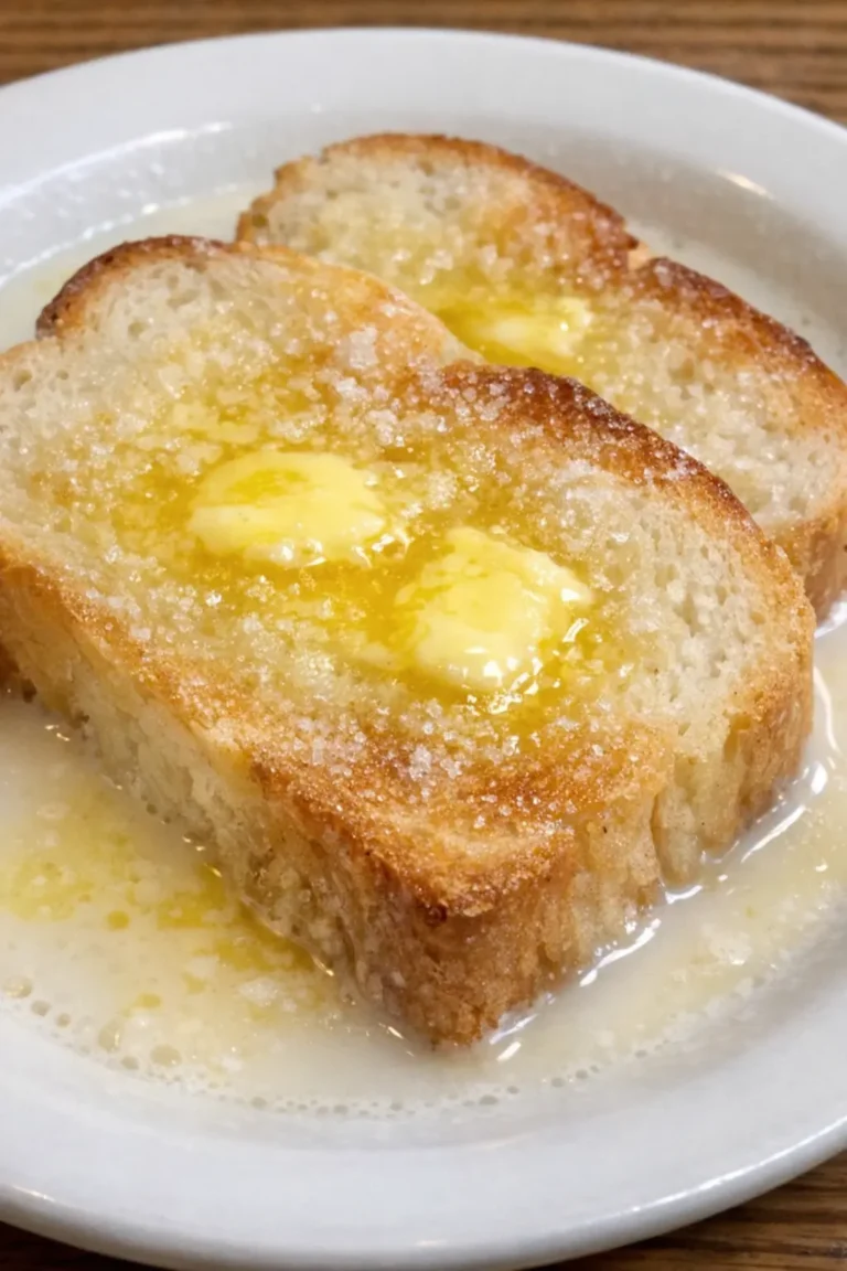 Ein warmes und köstliches Milchtoast Rezept auf einem weißen Teller serviert, mit einer Tasse Tee im Hintergrund.