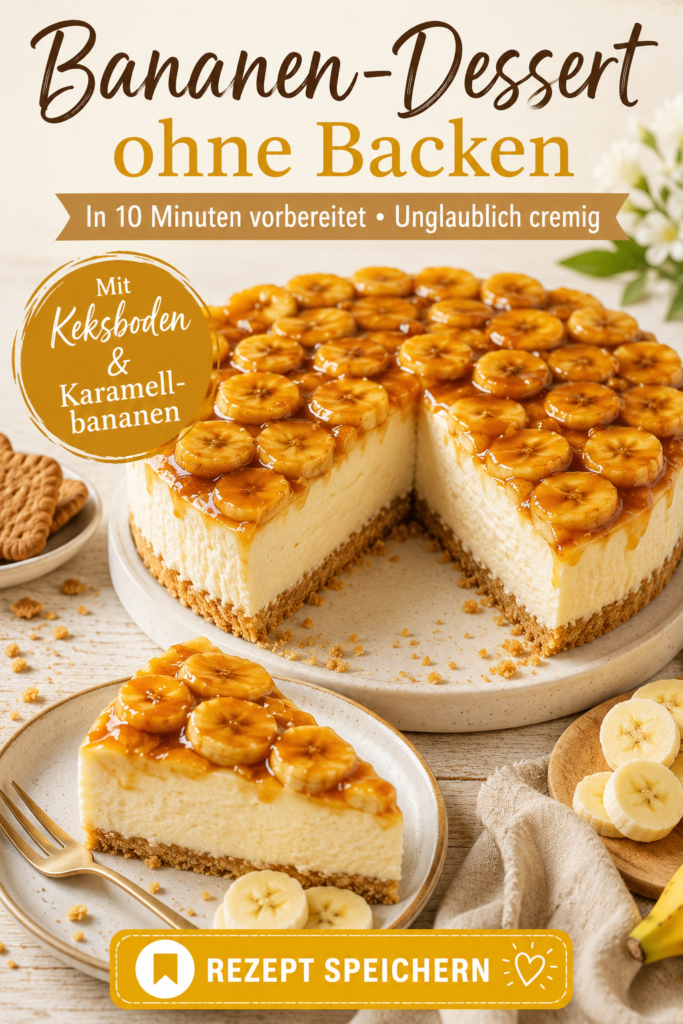 Bananen-Kondensmilch-Dessert ohne Backen mit Keksboden, cremiger Milchfüllung und karamellisierten Bananenscheiben