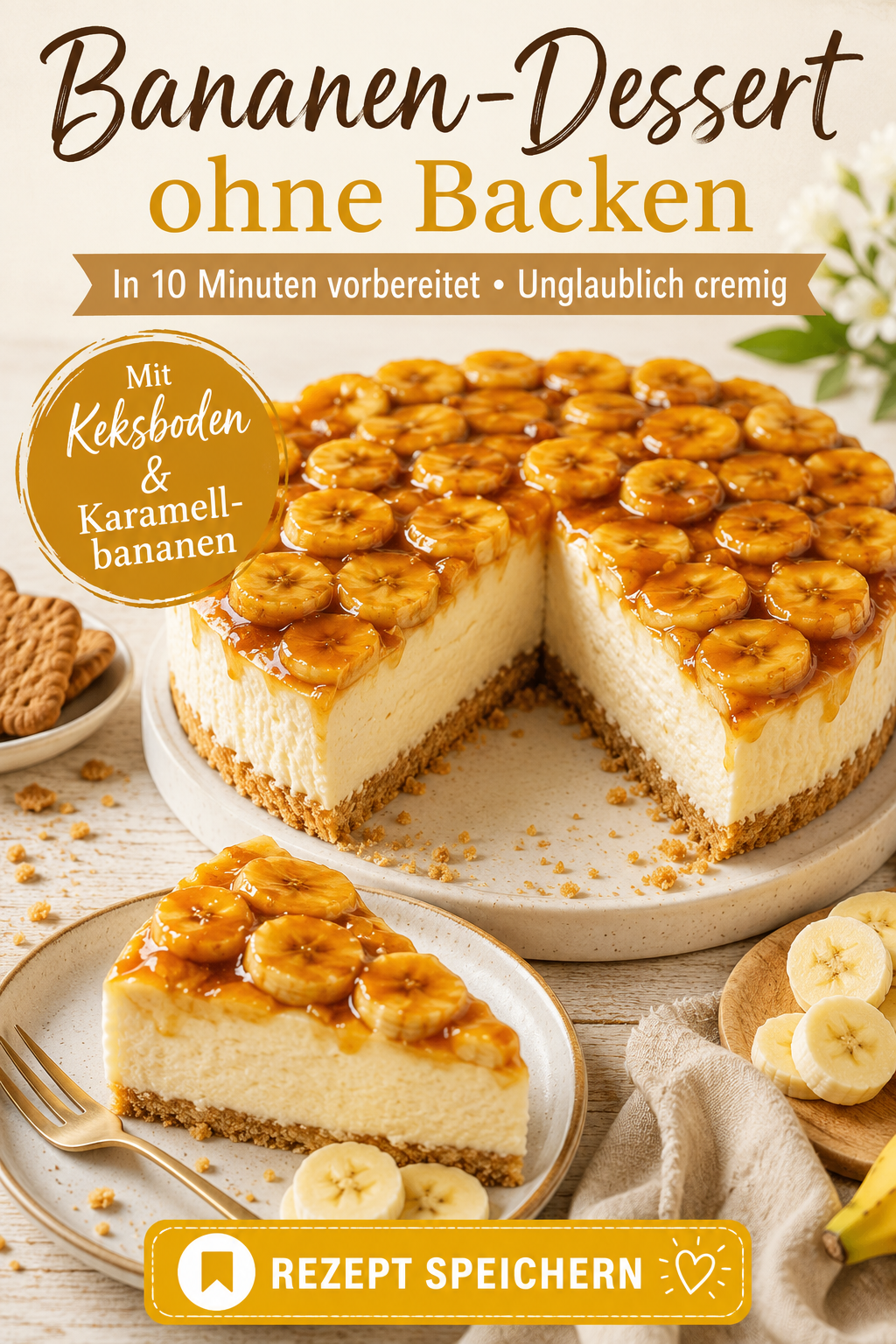 Bananen-Kondensmilch-Dessert ohne Backen mit Keksboden, cremiger Milchfüllung und karamellisierten Bananenscheiben
