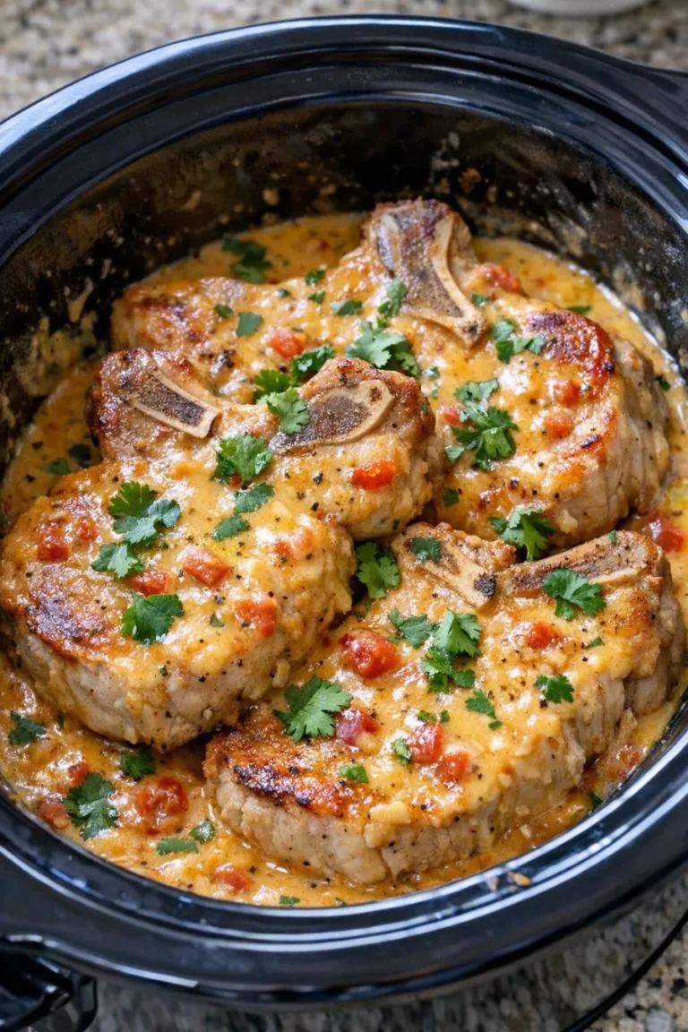 Zarte Slow Cooker Schweinekoteletts in einer cremigen Ranch-Salsa-Sauce serviert mit cremigem Kartoffelpüree.