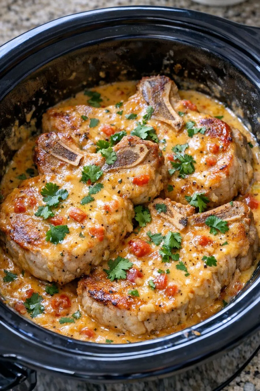 Zarte Slow Cooker Schweinekoteletts in einer cremigen Ranch-Salsa-Sauce serviert mit cremigem Kartoffelpüree.
