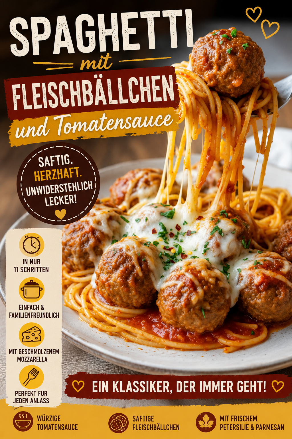 Spaghetti mit Fleischbällchen und Tomatensauce, geschmolzenem Mozzarella, Parmesan und frischer Petersilie