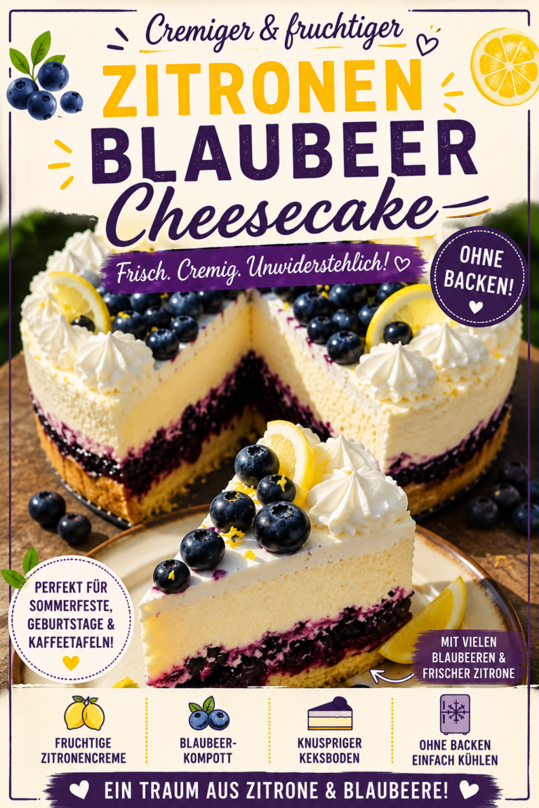 Cremiger Zitronen-Blaubeer-Cheesecake ohne Backen mit Blaubeerkompott, Sahnetupfen, Zitronenscheiben und frischen Blaubeeren