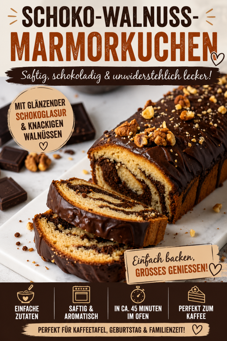 Saftiger Schoko-Walnuss-Marmorkuchen mit glänzender Schokoladenglasur und gehackten Walnüssen