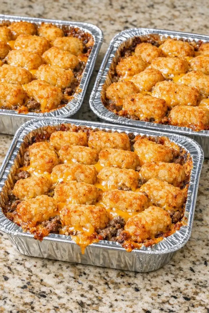 Hackfleisch Tater Tot Auflauf Rezept mit Cheddar und knusprigen Kartoffelkroketten