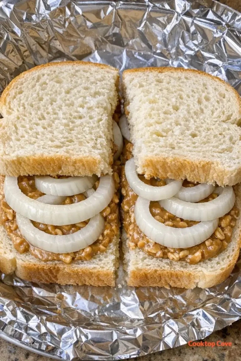 Erdnussbutter Zwiebel Sandwich mit 3 Zutaten auf einem einfachen Teller