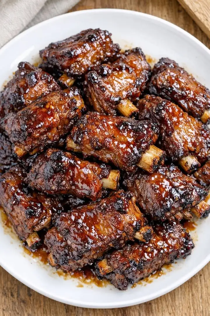 Slow Cooker Brown Sugar Pork Ribs mit glänzender BBQ-Glasur auf einem Teller mit Beilagen serviert.