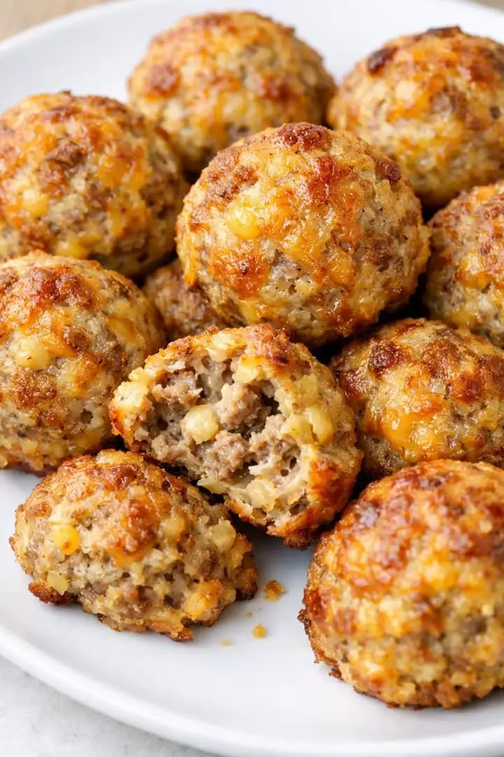 Low Carb Sausage Bites mit Cheddar und knusprigen Rändern auf einem weißen Teller serviert.