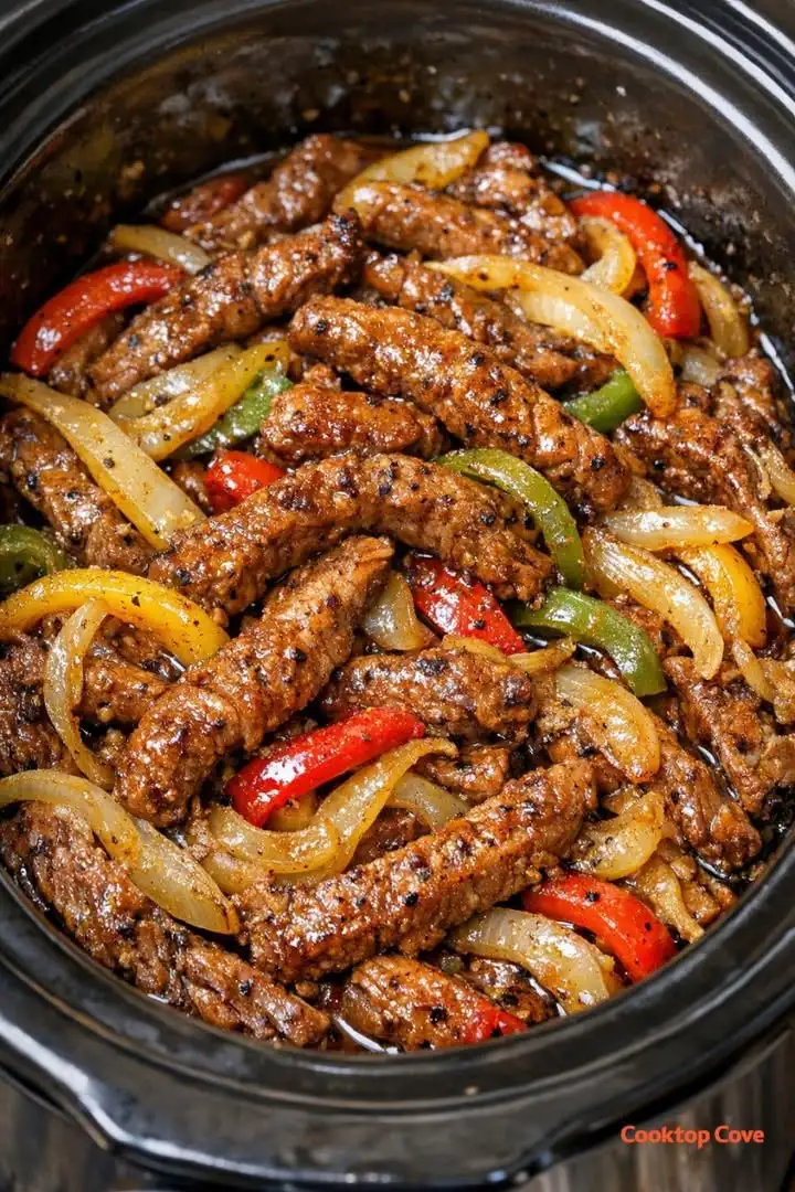 Slow Cooker Steak Fajitas mit zartem Rindfleisch, Paprika und Zwiebeln in warmen Tortillas serviert.
