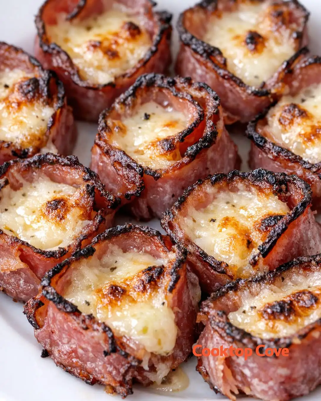 Low Carb Pastrami Swiss Bites mit geschmolzenem Schweizer Käse und Dillgurken auf einem Teller serviert.