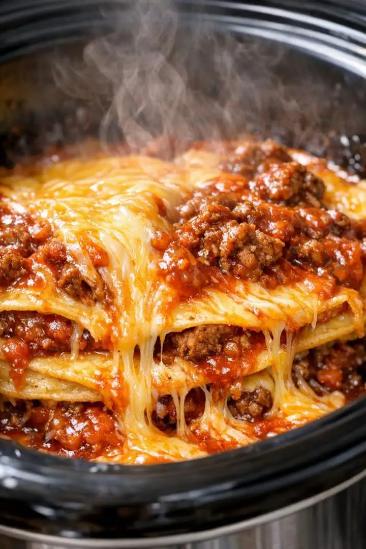 Slow Cooker Beef Enchilada Stack mit Rinderhack, Maistortillas, roter Enchilada-Sauce und geschmolzenem Käse auf einem Teller